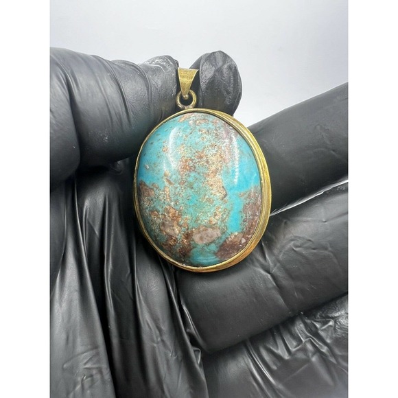 Natural Turquoise Pendant Metal Brass Handmade With Rope - Picture 6 of 11